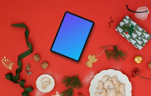 Christmas tablet mockup on red background