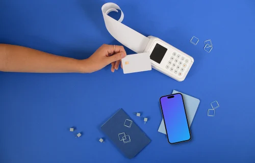 Contactless payment and an iPhone mockup on blue background