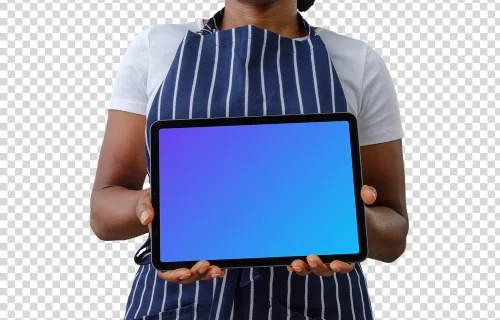 Female chef holding an iPad Air mockup