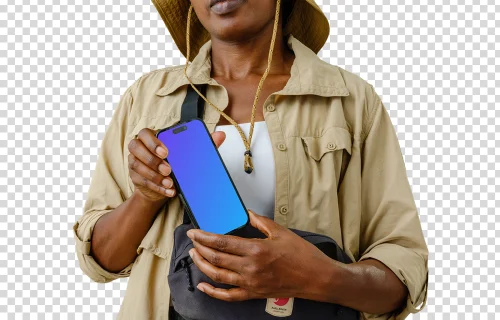 Female tourist with a phone mockup