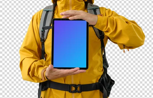 Hiker in yellow jacket with an iPad mockup