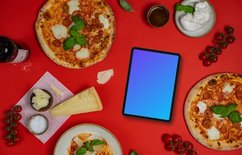 Italian food around tablet mockup