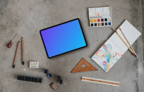 Landscape tablet mockup with a watercolour painting
