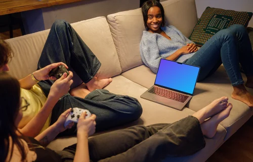 MacBook Pro mockup in cozy gaming session