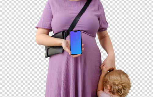 Mother with a child and an iPhone mockup