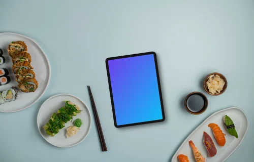 Tablet mockup surrounded by Japan meal Sushi
