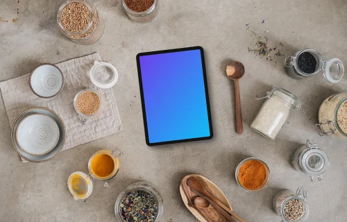 Tablet mockup with a cooking equipment on the side