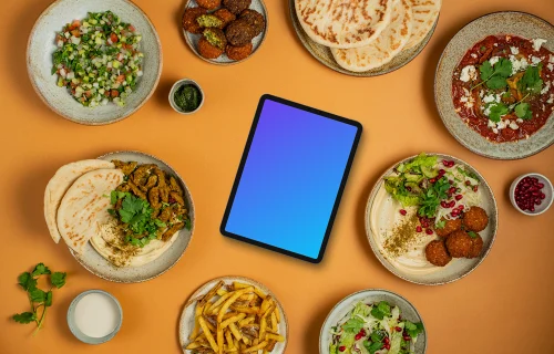 Tablet mockup with Middle Eastern food