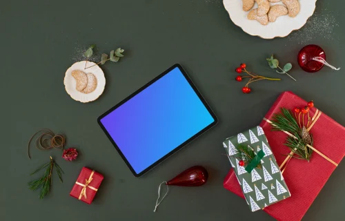 Top view of landscape tablet mockup with christmas background