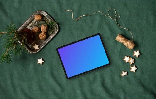 Top view of landscape tablet mockup with christmas design
