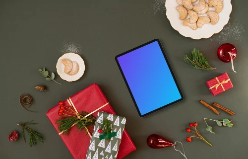 Top view of tablet mockup with christmas background