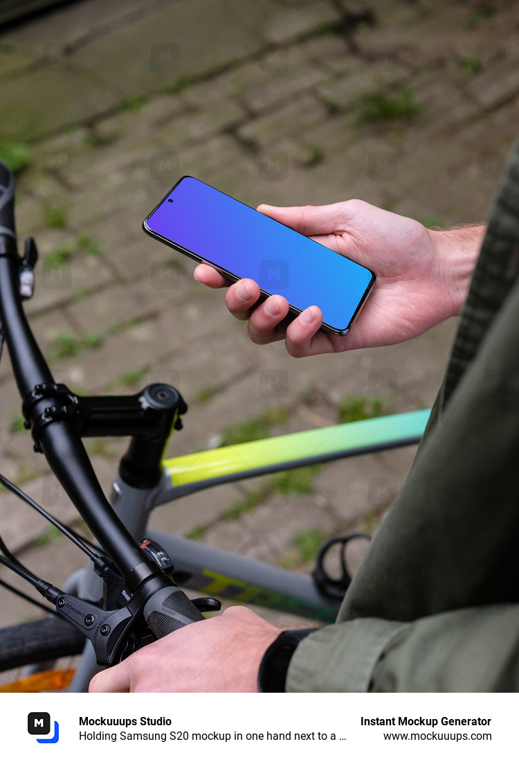 Sosteniendo el Samsung S20 mockup en una mano junto a una bicicleta