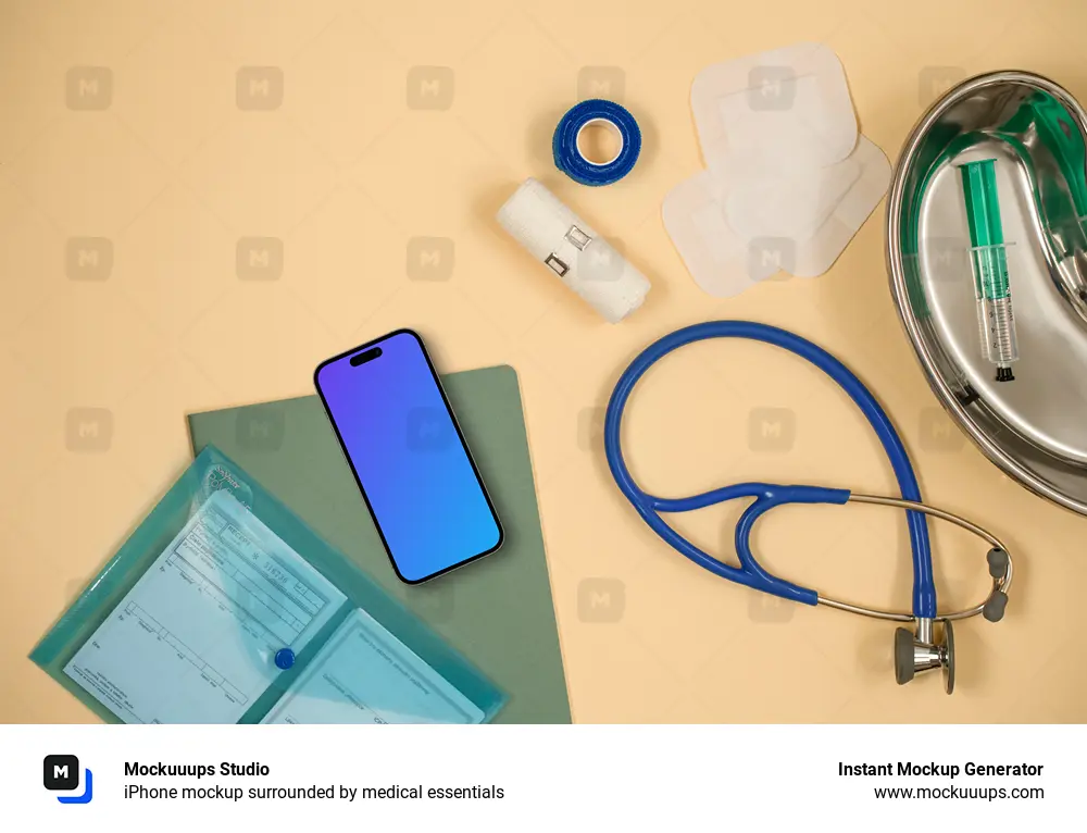 iPhone mockup surrounded by medical essentials