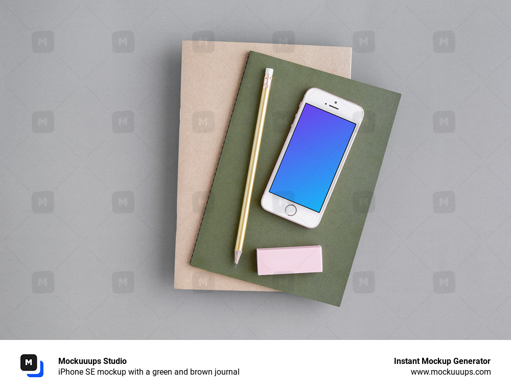 iPhone SE mockup con un diario verde y marrón
