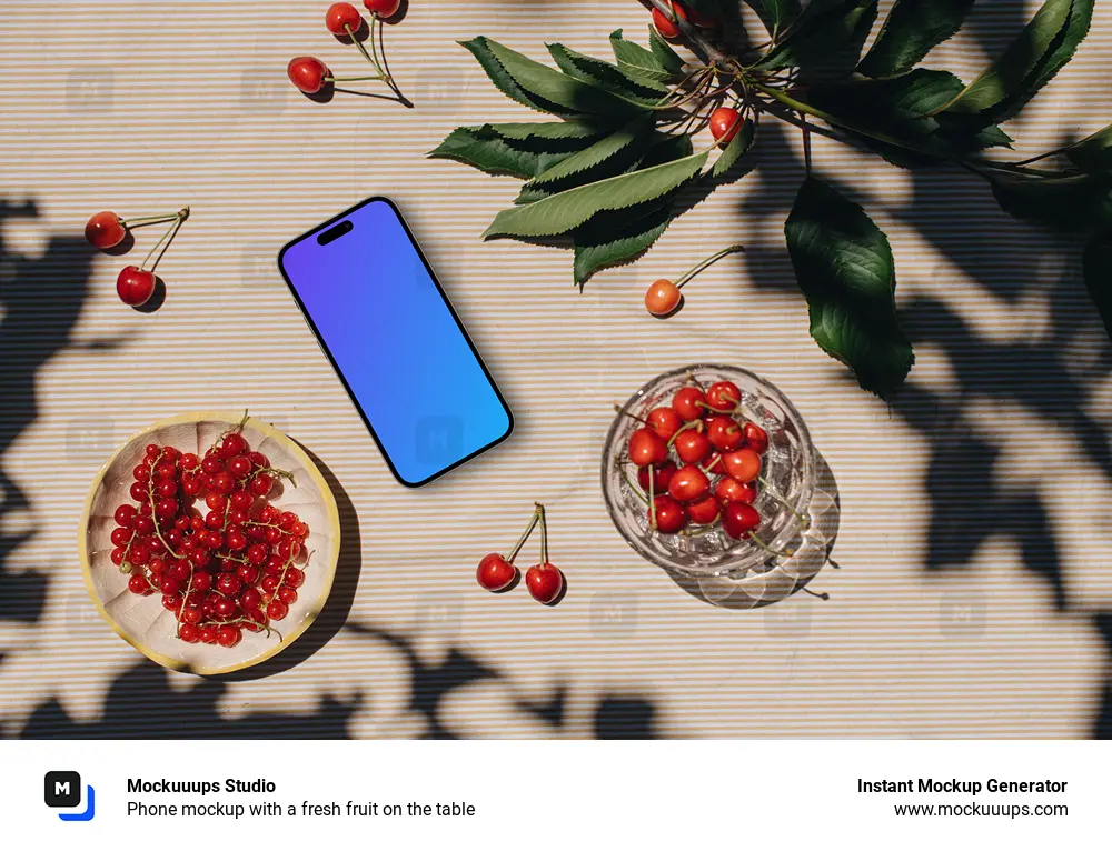 Phone mockup with a fresh fruit on the table