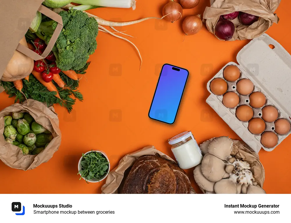 Smartphone mockup between groceries