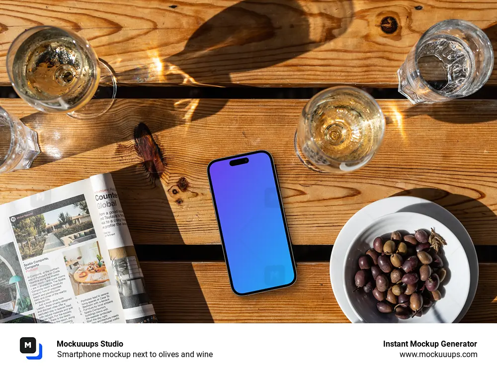 Smartphone mockup next to olives and wine