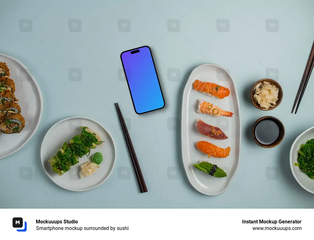 Smartphone mockup surrounded by sushi