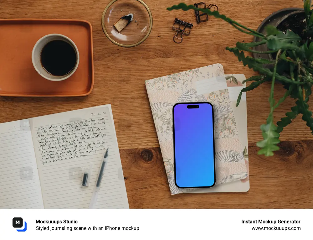 Styled journaling scene with an iPhone mockup