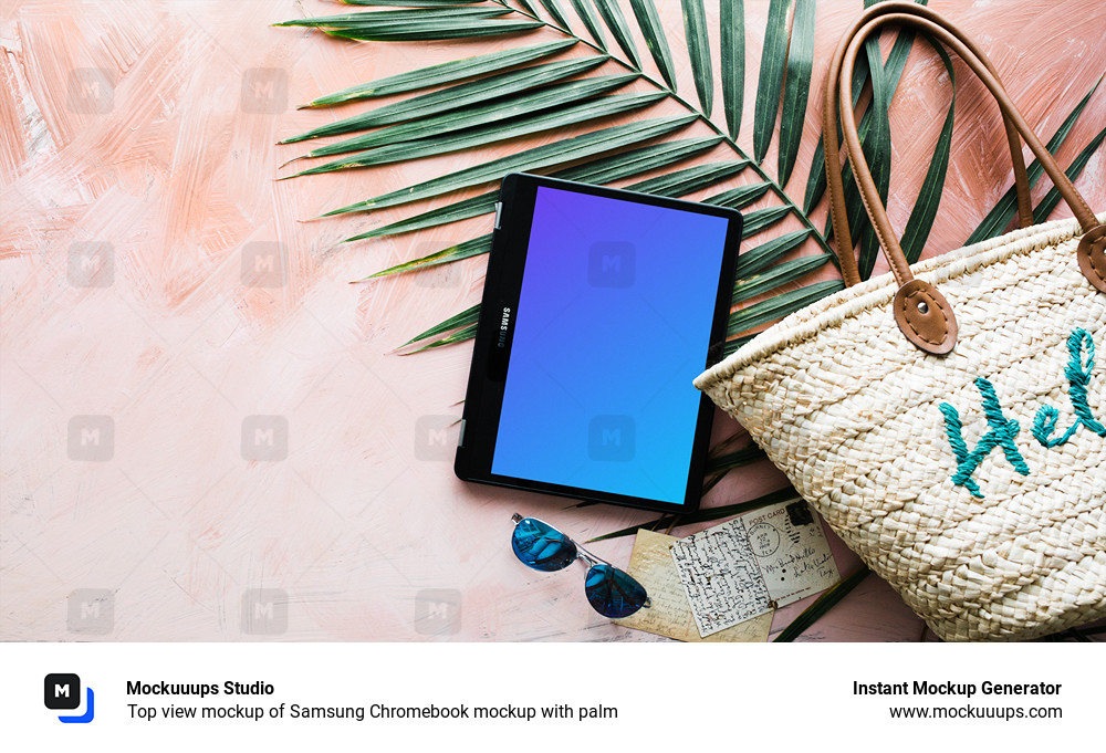 Vista superior mockup del Samsung Chromebook mockup con la palma de la mano