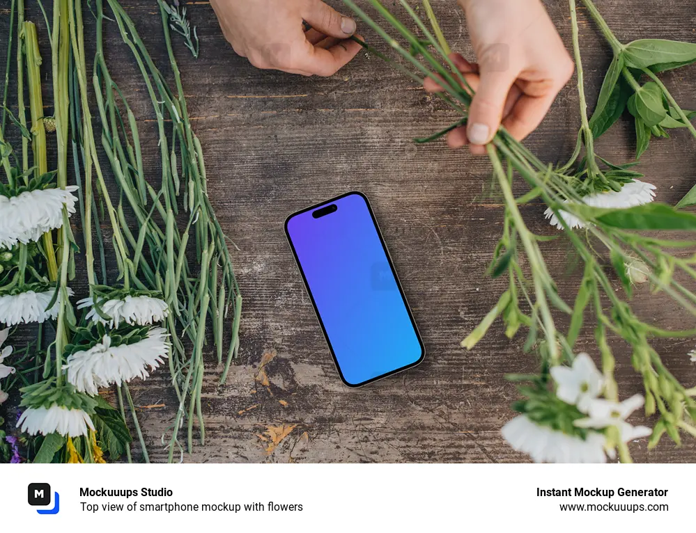 Top view of smartphone mockup with flowers