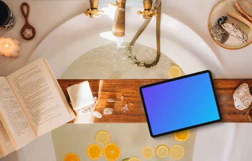 Bathtub relaxation scene with an iPad mockup