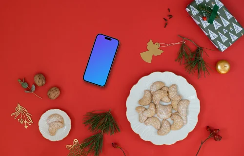 Christmas phone mockup on red background