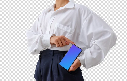 Mujer empresaria que muestra el Google Pixel 6 mockup