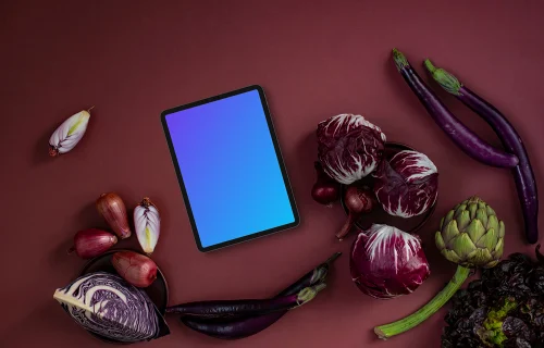 Food in Viva Magenta color shade next to the tablet mockup