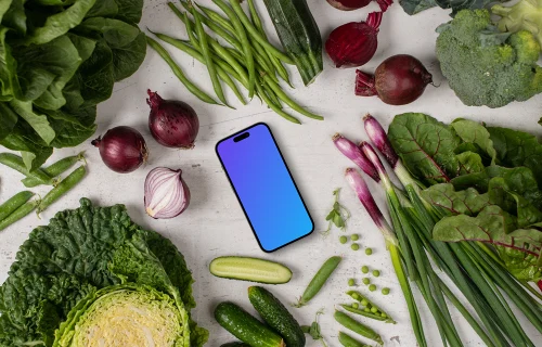 Fresh veggies around Smartphone mockup