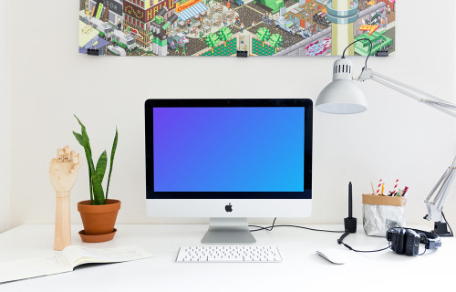 Vista frontal del iMac mockup en la oficina