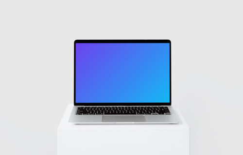 MacBook mockup en un taburete blanco alto