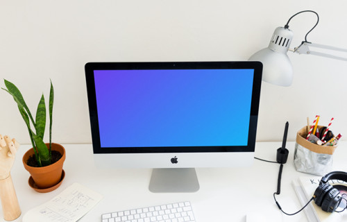 Vista en perspectiva del iMac mockup en la oficina