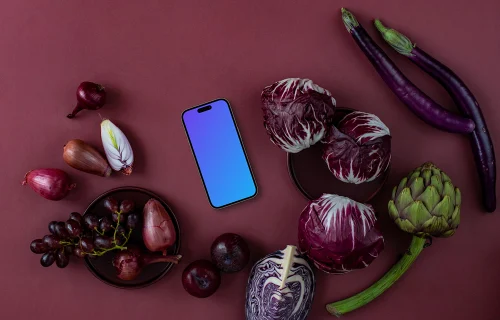 Phone with food in Viva Magenta theme