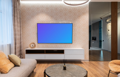Televisión inteligente mockup en un salón bien diseñado