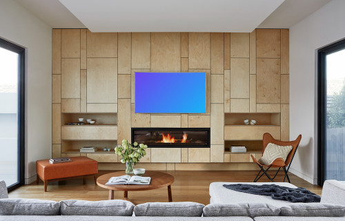 Smart TV mockup en un salón bien iluminado