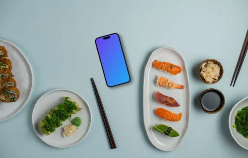 Smartphone mockup surrounded by sushi