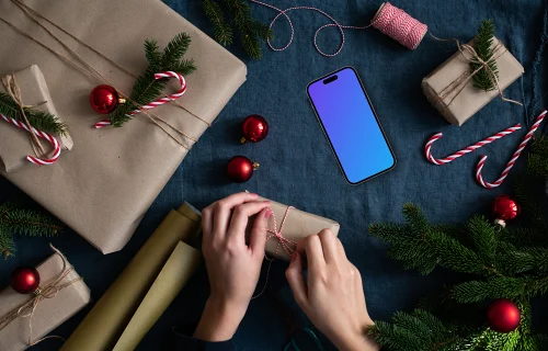 Xmas gift mockup with a smartphone