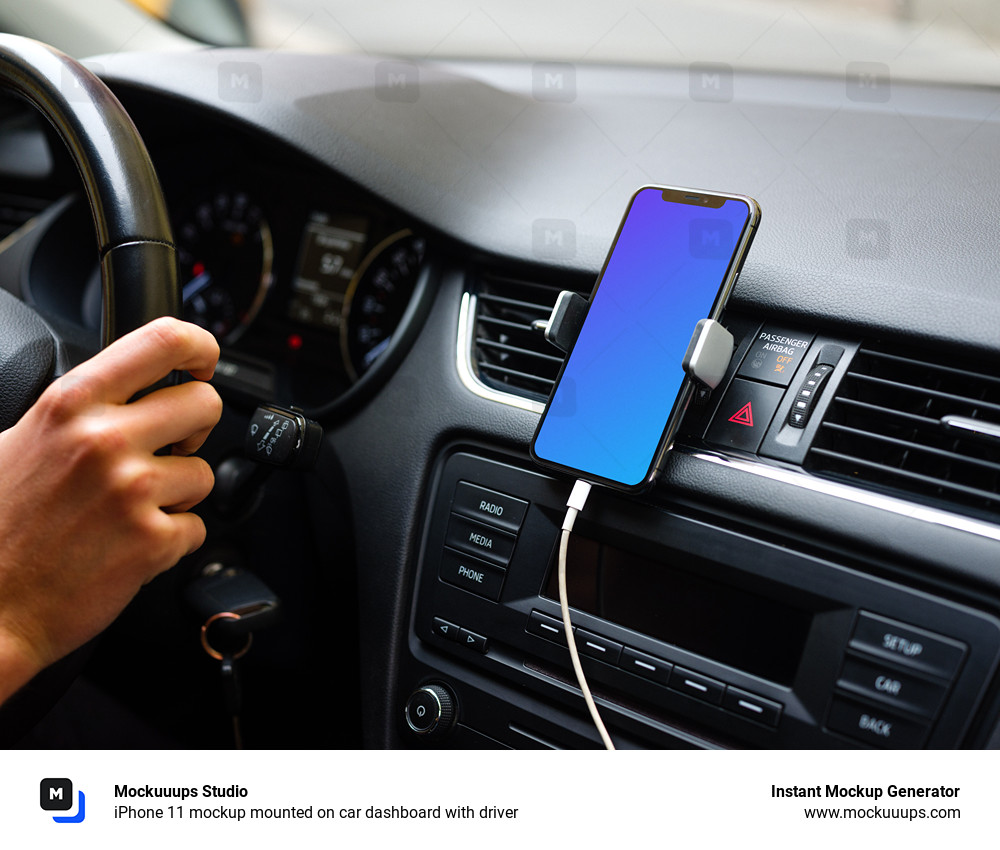 iPhone 11 mockup mounted on car dashboard with driver