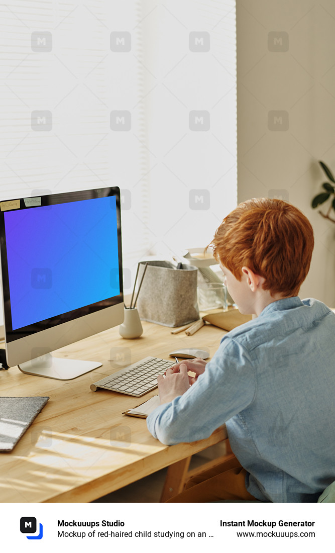 Mockup of red-haired child studying on an iMac