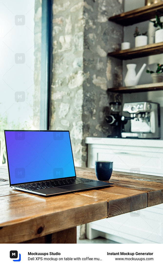 Dell XPS mockup on table with coffee mug at the side