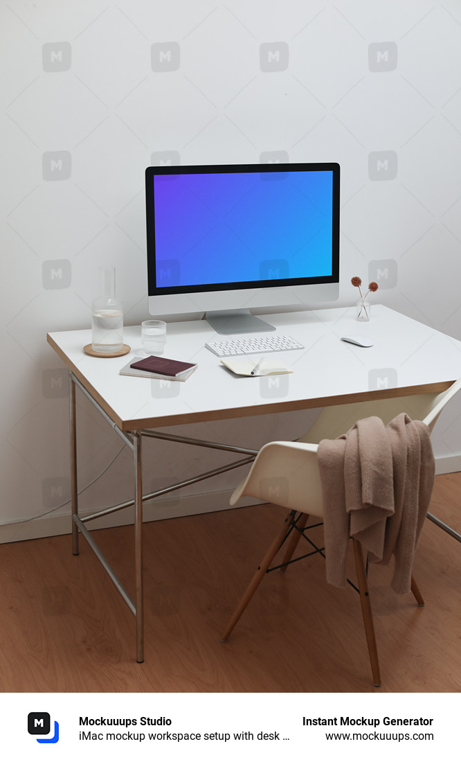 iMac mockup configuración del espacio de trabajo con escritorio y silla