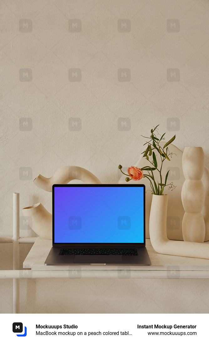 MacBook mockup en una mesa de color melocotón con un elegante jarrón de flores