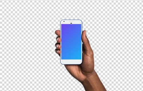 Hombre sosteniendo el Google Pixel realmente azul mockup (piel negra)