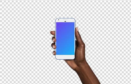 Mujer sosteniendo el Google Pixel realmente azul mockup (piel negra)