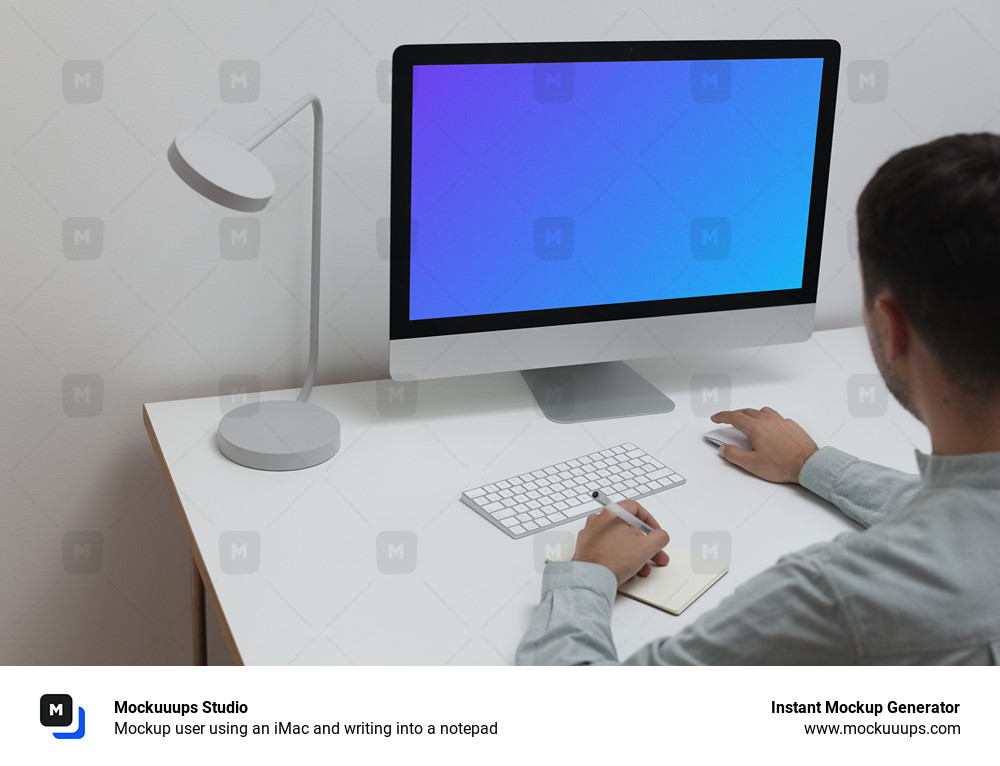 Mockup user using an iMac and writing into a notepad