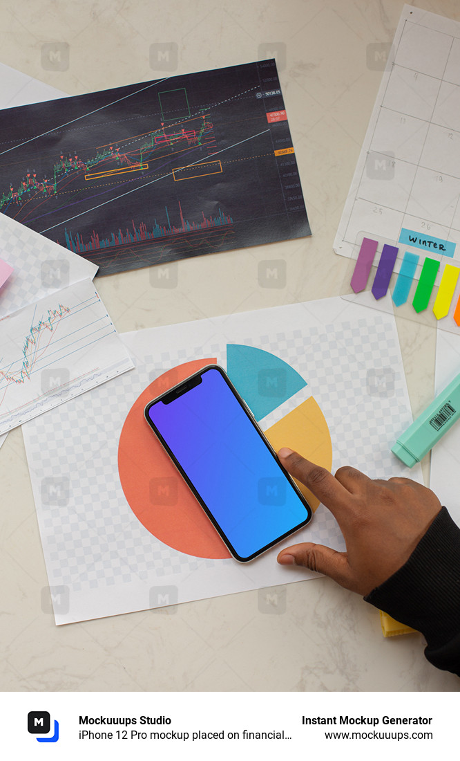 iPhone 12 Pro mockup placed on financial charts