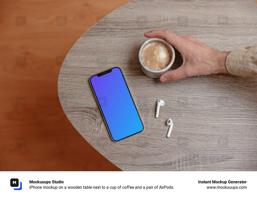 iPhone mockup en una mesa de madera junto a una taza de café y un par de AirPods.