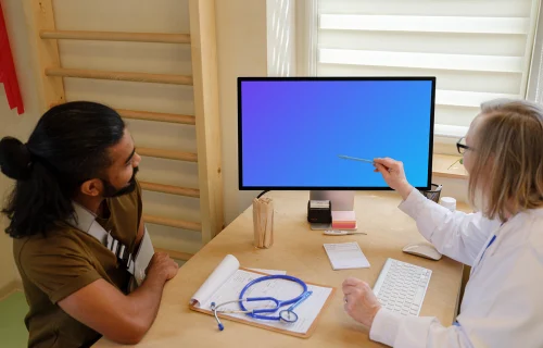 Doctor touches the screen of Apple Studio Display with pen 